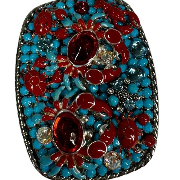 Artisan Boho Crab Lobster Beaded Embellished Belt Buckle Red Blue Coastal Beach - Picture 6 of 6